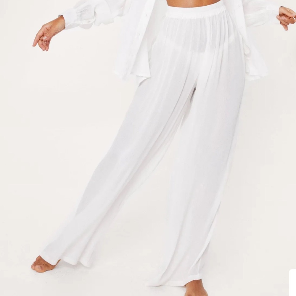 Nasty Gal Crinkle Oversize Beach Wide-Leg stone color lightweight Pants Sz 4 new